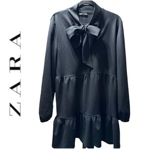 ZARA Baby Doll Dress Women's Size Large Black Tie Front
